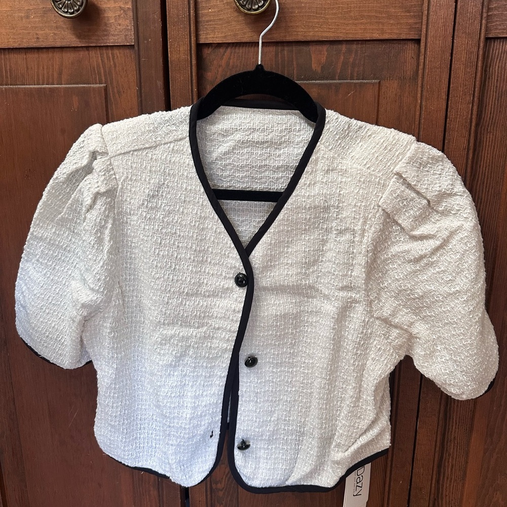 White Textured Button-Up Blouse with Black Trim